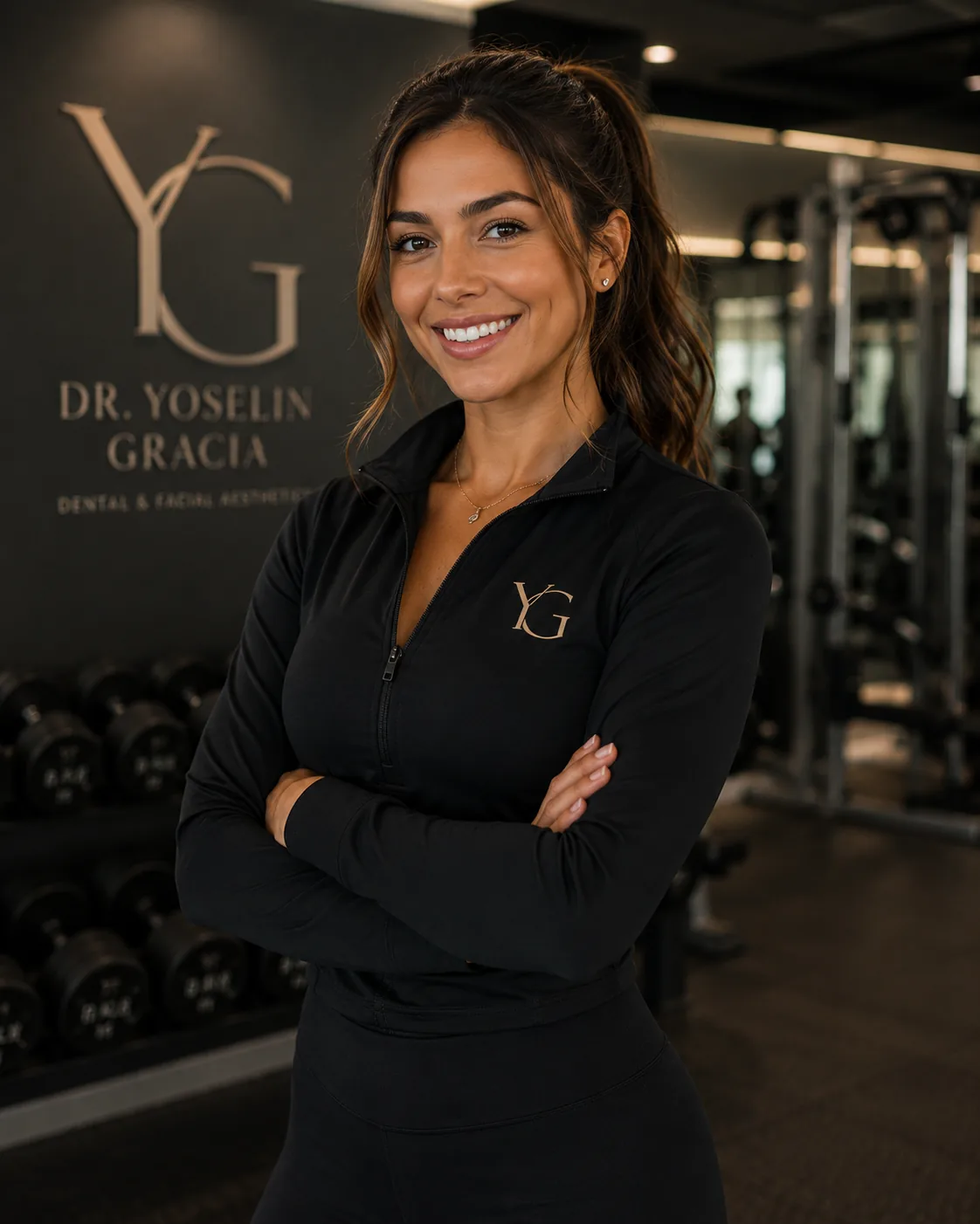 Smiling personal trainer in a premium gym wearing YG branded black sportswear
